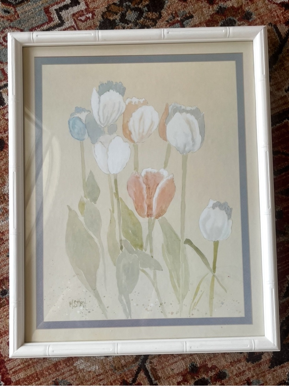 VTG Framed Tulip Watercolor Print Pastel Floral Cottage French Country Wall Art
